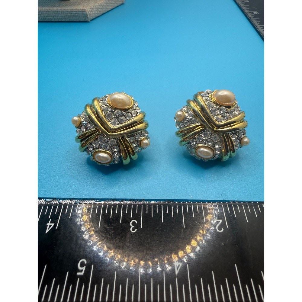 Vintage Gold Tone Faux Pearl Rhinestone Pavé Dome Clip On Earrings 1"